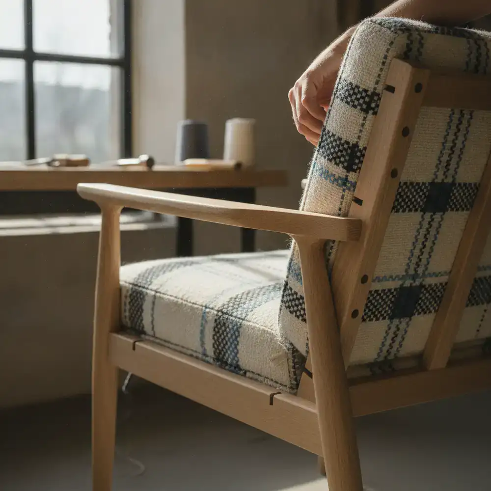 Detailed view of furniture craftsmanship, textiles, and careful assembly