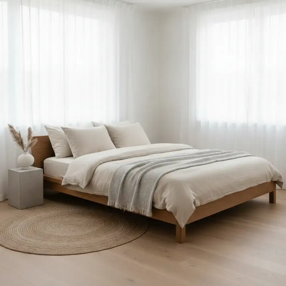 Minimalist bedroom with a solid wood bed frame and neutral bedding