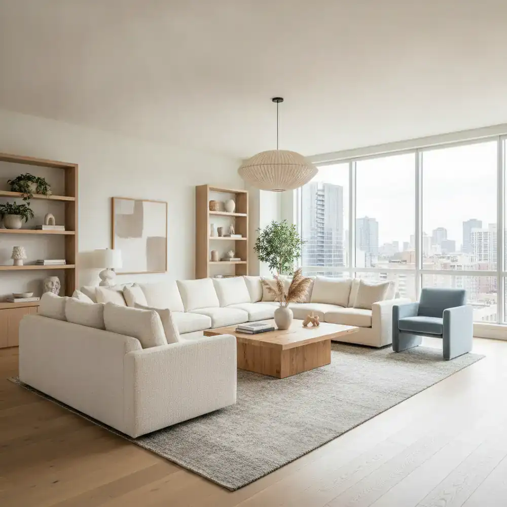 Spacious living room with a large fabric sofa and wooden coffee table