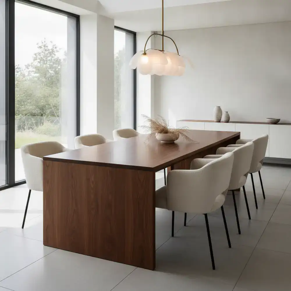 Modern dining table made of rich walnut wood with upholstered chairs