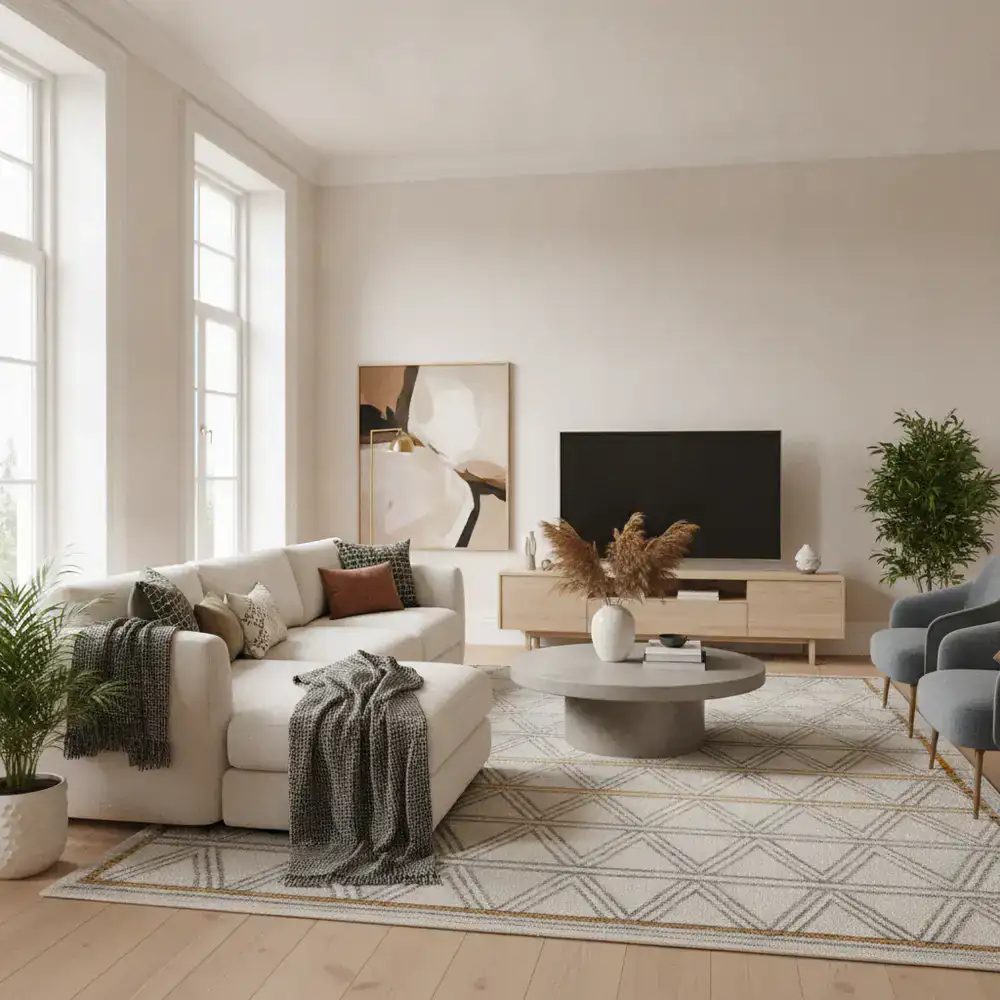 Elegant living room setup with a comfortable sofa and textured rug