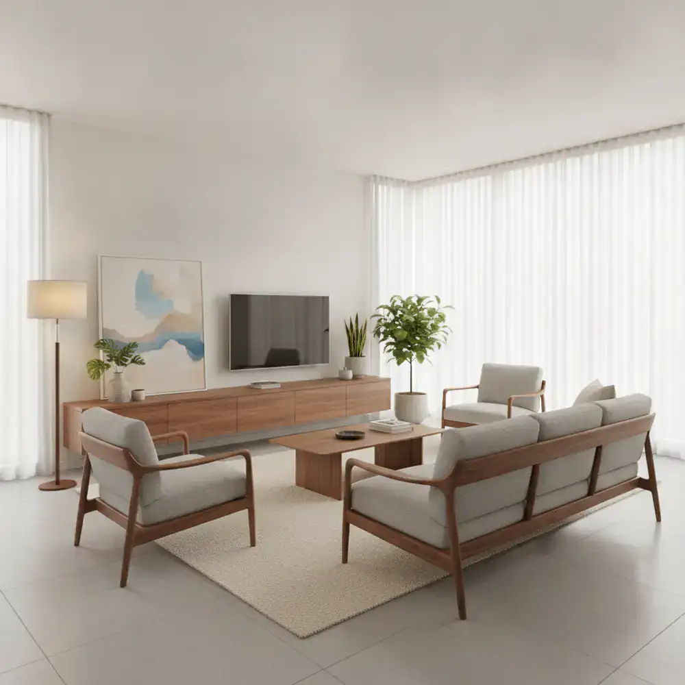 Modern minimalist living room with walnut furniture