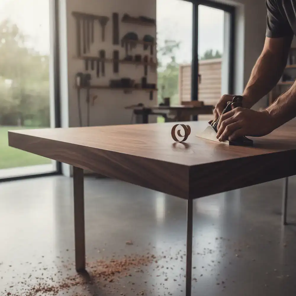 Close up of a carpenter refining a walnut wood table edge